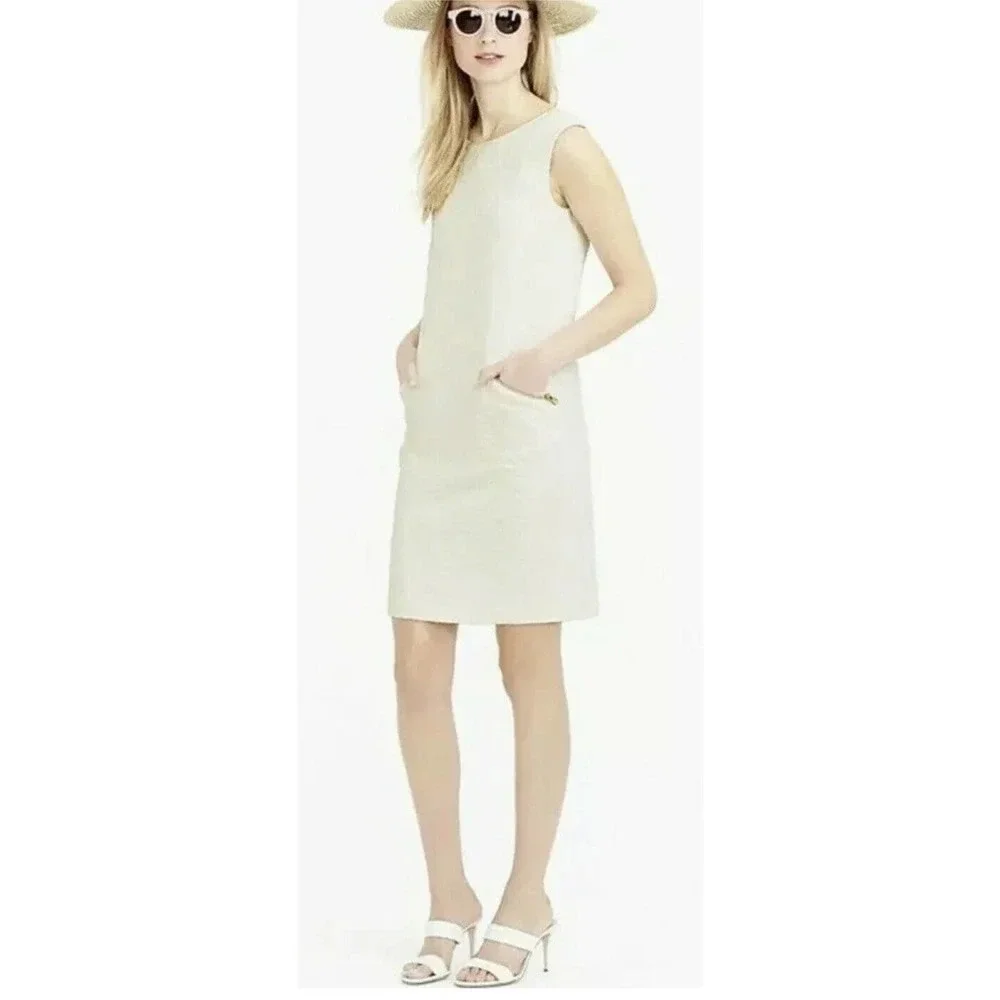 J Crew Ivory Jacquard Textured Zip Pocket Sleeveless Shift Dress Women’s Size M